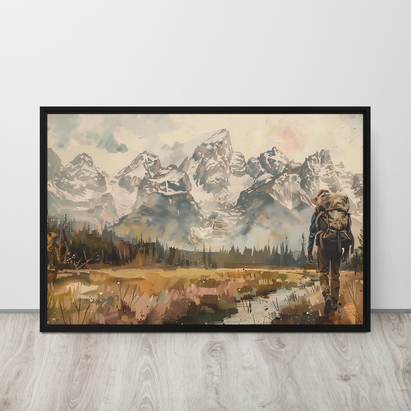 Explorer's Solace - Premium Canvas Art of Mountain Wilderness with Pine Frame